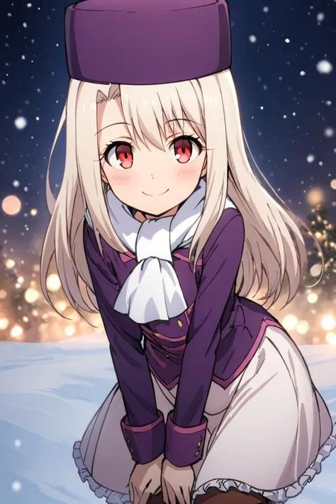 ((masterpiece,best quality)), highres, cute, eyelashes  leaning forward, upper body, head tilt,   illyasviel von einzbern, solo, long hair, red eyes, white hair, skirt, shirt, long sleeves, boots, ascot, white skirt, frilled skirt, purple shirt, hat, boots, scarf, coat, capelet, white scarf, purple headwear, fur hat, papakha,  smile, wide hips,  snow,  night, blush, bokeh, luminescent background  <lora:illyasviel_von_einzbern-sdxl-nochekaiser-000008:0.8>,