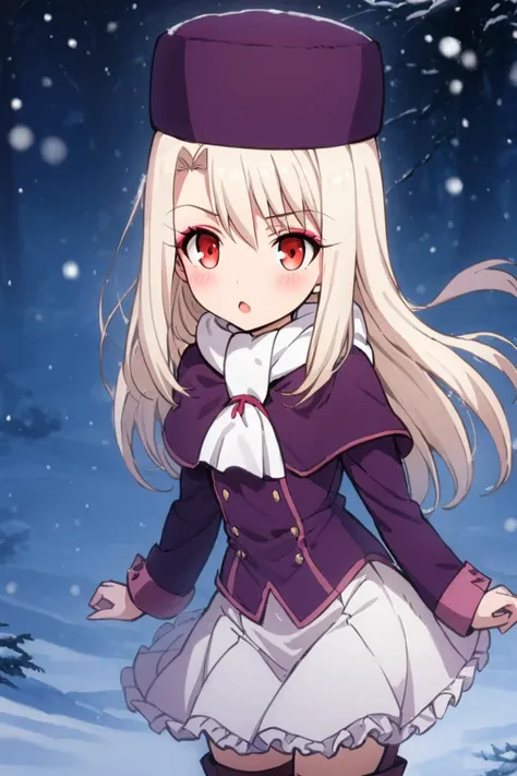 ((masterpiece,best quality)), highres, cute, eyelashes   illyasviel von einzbern, long hair, red eyes, white hair, skirt, shirt, long sleeves, boots, ascot, white skirt, frilled skirt, purple shirt, hat, boots, scarf, coat, capelet, white scarf, purple headwear, fur hat, papakha,  snow,   makeup, night, eyeshadow, pink lips, blush, bokeh, luminescent background  <lora:illyasviel_von_einzbern-sdxl-nochekaiser-000008:1>,