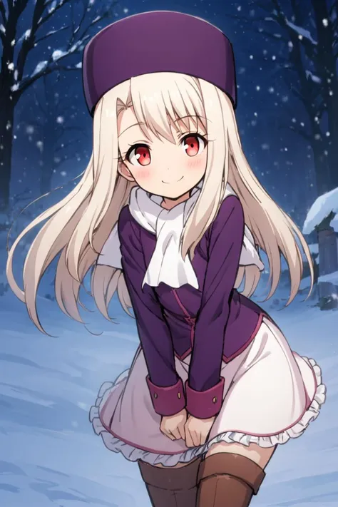 ((masterpiece,best quality)), highres, cute, eyelashes  leaning forward, upper body, head tilt, raised eyebrow,  illyasviel von einzbern, solo, long hair, red eyes, white hair, skirt, shirt, long sleeves, boots, ascot, white skirt, frilled skirt, purple shirt, hat, boots, scarf, coat, capelet, white scarf, purple headwear, fur hat, papakha,  smile, wide hips,  snow,  night, blush, bokeh, luminescent background  <lora:illyasviel_von_einzbern-sdxl-nochekaiser-000008:0.8>,