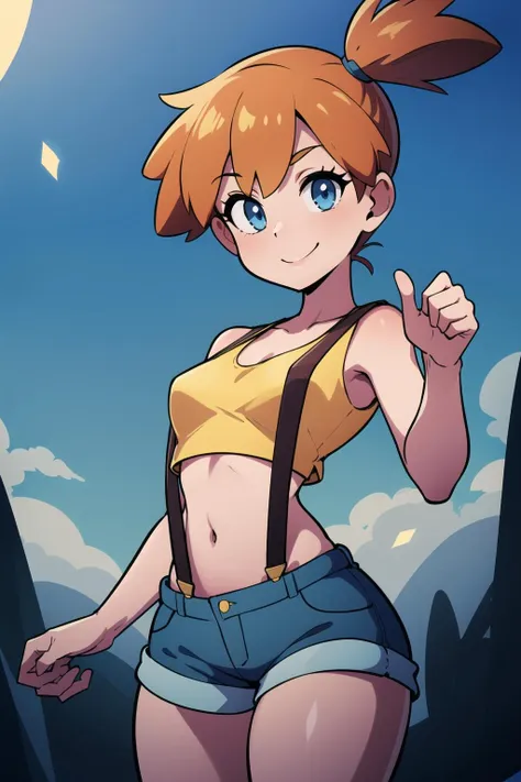 ((masterpiece,best quality)), absurdres, <lora:Misty_Pokemon:0.6>, Misty_Pokemon, small breasts, blue eyes, yellow crop top, suspenders, solo, smiling, looking at viewer, cowboy shot, cinematic composition, dynamic pose