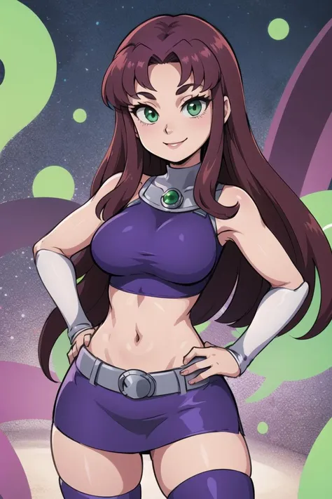 masterpiece, best quality, highres, sf1, midriff, purple skirt, crop top, purple thighhighs, bare shoulders, belt, <lora:starfire_v1:0.6>, cowboy shot, hand on hip, smile, dynamic pose,