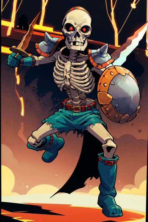 ((masterpiece,best quality)), absurdres,
<lora:Stalfos_Zelda_OOT_Anime:1>, Stalfos_Zelda_OOT, (sword, swinging sword),
skeleton, solo, 1boy, skull, armor, red eyes, no humans, ribs, belt, boots, spikes, shield,
solo, smiling, looking at viewer, cowboy shot,
cinematic composition, dynamic pose,
