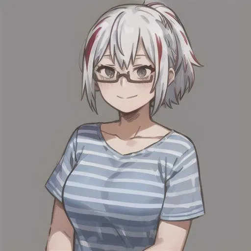 fuyumi todoroki, 1girl, solo, breasts, short hair, shirt, collarbone, upper body, ponytail, white hair, short sleeves, red hair, multicolored hair, glasses, striped, streaked hair, grey eyes, own hands together, blue shirt, semi-rimless eyewear, under-rim eyewear, striped shirt, smile <lora:FuyumiTodorokiLoRA-10:0.6>