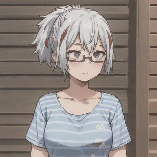 fuyumi todoroki, 1girl, solo, breasts, short hair, shirt, collarbone, upper body, ponytail, white hair, short sleeves, red hair, multicolored hair, glasses, striped, streaked hair, grey eyes, own hands together, blue shirt, semi-rimless eyewear, under-rim eyewear, striped shirt <lora:FuyumiTodorokiLoRA-10:0.6>