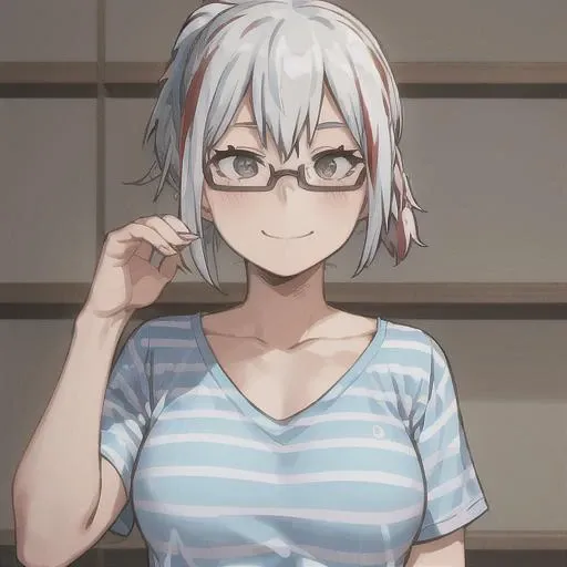 fuyumi todoroki, 1girl, solo, breasts, short hair, shirt, collarbone, upper body, ponytail, white hair, short sleeves, red hair, multicolored hair, glasses, striped, streaked hair, grey eyes, own hands together, blue shirt, semi-rimless eyewear, under-rim eyewear, striped shirt <lora:FuyumiTodorokiLoRA-10:0.6>