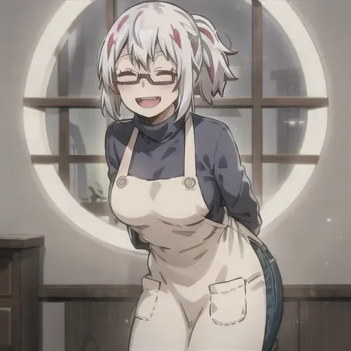 fuyumi todoroki, 1girl, solo, breasts, blush, smile, short hair, open mouth, bangs, long sleeves, medium breasts, standing, closed eyes, ponytail, white hair, :d, red hair, multicolored hair, glasses, teeth, pants, indoors, apron, two-tone hair, sweater, streaked hair, window, leaning forward, turtleneck, upper teeth only, arms behind back, blue shirt, denim, facing viewer, semi-rimless eyewear, lens flare  <lora:FuyumiTodorokiLoRA-10:0.6>