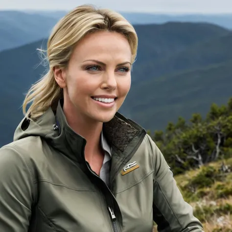 a photo of charlize theron, ohwx woman, smile, on a mountain, wearing a jacket, highly detailed, best quality <lora:charlizetheron_SDXL:0.8>
