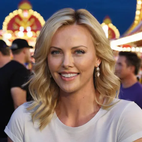 a photo of charlize theron, ohwx woman, at a carnival, smile, wearing a tshirt, night, highly detailed, best quality <lora:charlizetheron_SDXL:0.8>