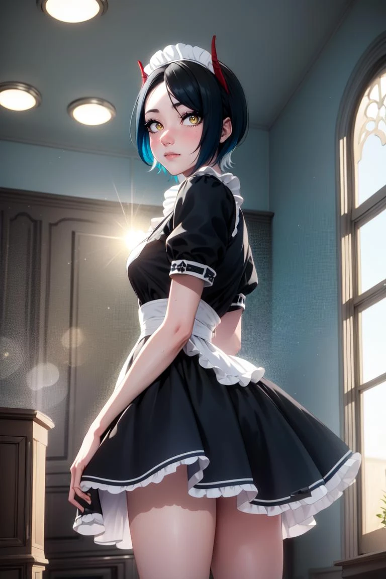 1girl, solo, (cowboy shot:1.2),
ulrich von hutten \(azur lane\), horns, (gold eyes:1.4), (razor cut hair, blue hair, black hair),
looking back,
maid, maid headdress, maid apron, enmaided, black legwear,
(masterpiece, best quality, ultra-detailed), (beautiful detailed face, beautiful detailed eyes, volumetric lighting),
mksks style, (indoors, beautiful glacier, day, sun, :1.5), (lens flare, chromatic aberration),