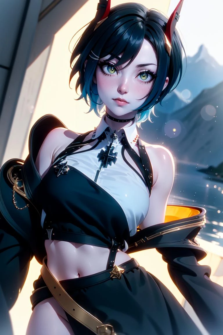 1girl, solo, (cowboy shot:1.2),
ulrich von hutten \(azur lane\), horns, (gold eyes:1.2), (razor cut hair, blue hair, black hair),
(masterpiece, best quality, ultra-detailed), (beautiful detailed face, beautiful detailed eyes, volumetric lighting),
mksks style, (beautiful fjord, day, :1.5), (lens flare, chromatic aberration),