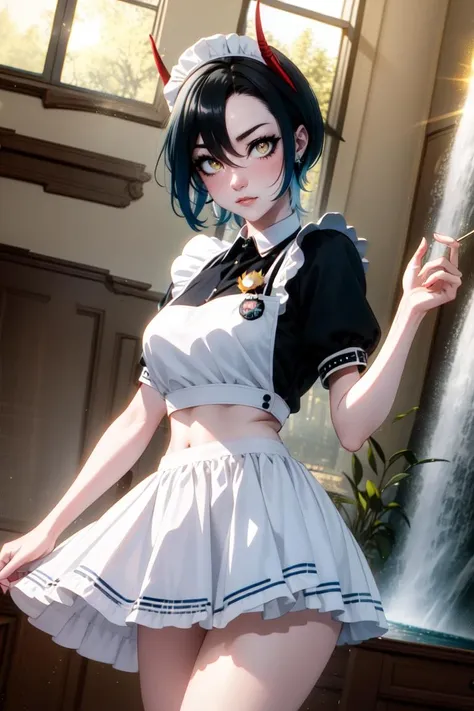1girl, solo, (cowboy shot:1.2),
ulrich von hutten \(azur lane\), horns, (gold eyes:1.4), (blue hair, black hair), navel,
maid, maid headdress, maid apron, enmaided,
(masterpiece, best quality, ultra-detailed), (beautiful detailed face, beautiful detailed eyes, volumetric lighting),
mksks style, (indoors, beautiful waterfall, day, sun, :1.5), (lens flare, chromatic aberration),