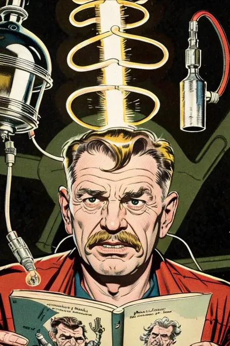 Masterpiece, best quality, hi res, 8k, hi res, 8k,  award winning , (sharp focus, intricate, highly detailed) <lora:kirbywood:1> kirbywood, drawing of a mad scientist in a lab, vintage color comics