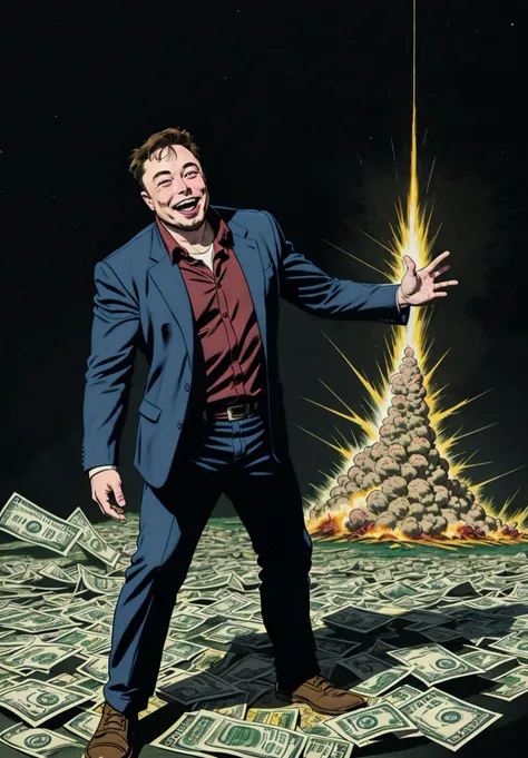 Full body drawing of Elon Musk laughing manically in front of a pile of money burning, kirbywood, vintage color comics, fat, old, aged, <lora:kirbywood:1>, Masterpiece, best quality, hi res, 8k, hi res, 8k, award winning,