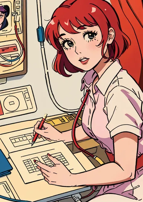 kirbywood, romancecomics, drawing, vintage color comics of a nurse,  red hair, [cybsheph | kristen], working in a hospital,  <lora:kirbywood:1>