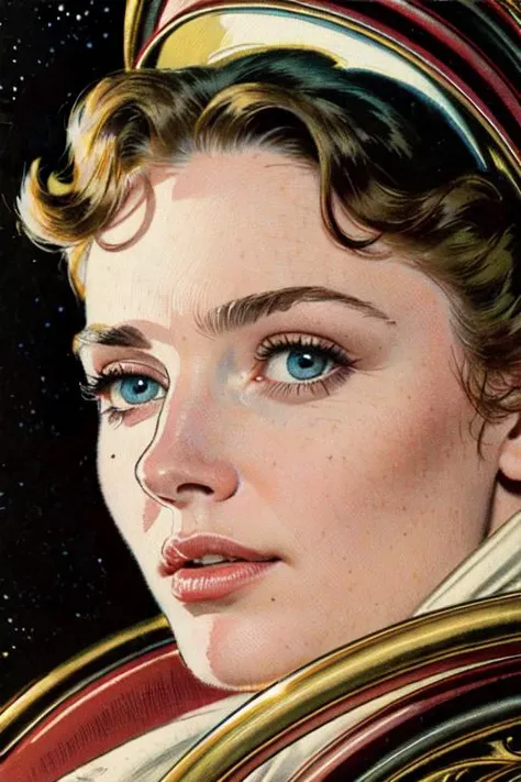 Masterpiece, best quality, hi res, 8k, hi res, 8k, award winning , (sharp focus, intricate, highly detailed) <lora:kirbywood:1.0> kirbywood, drawing of a person from another world, closeup face,, vintage color comics