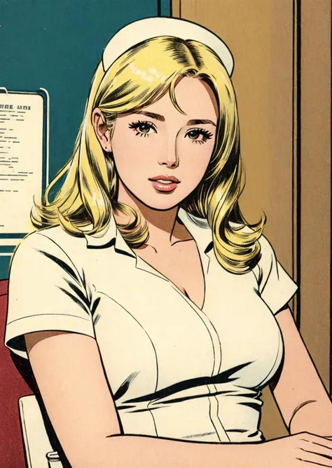 kirbywood, romancecomics, drawing, vintage color comics of a nurse,  blonde hair, [anntorv | kristen], working in a hospital,  <lora:kirbywood:1>
