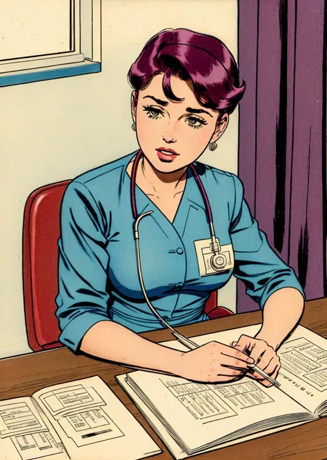 kirbywood, drawing, vintage color comics of a nurse working in a hospital,  <lora:kirbywood:1>