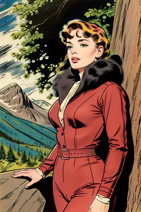 Masterpiece, best quality, hi res, 8k, hi res, 8k,  award winning , (sharp focus, intricate, highly detailed) <lora:kirbywood:1> kirbywood, drawing of a woman in the mountains, vintage color comics