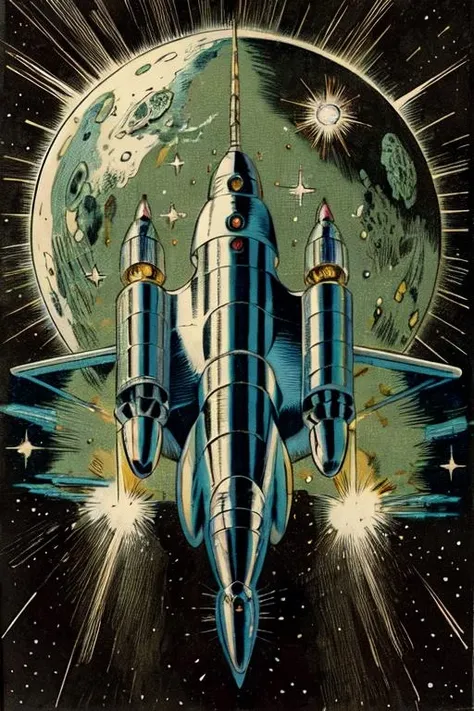 Masterpiece, best quality, hi res, 8k, hi res, 8k, award winning , (sharp focus, intricate, highly detailed) <lora:kirbywood:1> kirbywood, drawing of a spaceship, vintage color comics