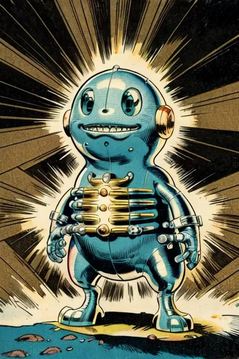 Masterpiece, best quality, hi res, 8k, hi res, 8k, award winning , (sharp focus, intricate, highly detailed) <lora:kirbywood:1.0> kirbywood, drawing of a gizmo, vintage color comics