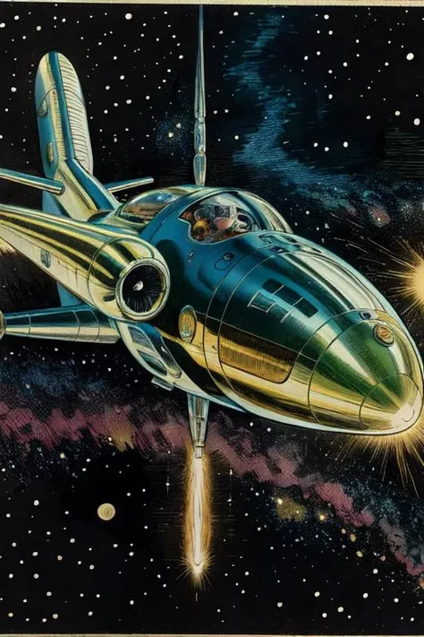 Masterpiece, best quality, hi res, 8k, hi res, 8k,  award winning , (sharp focus, intricate, highly detailed) <lora:kirbywood:1> kirbywood, drawing of a spaceship, vintage color comics