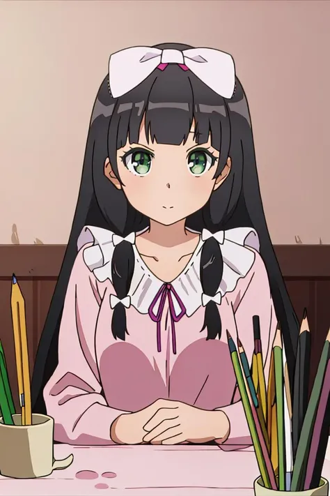 extremely detailed 8K wallpaper,
masterpiece,best quality,1girl,solo,nice hand,good hand,
<lora:Kaiko_Mikuniyama_v1:1>, Kaiko,head bow,big eyes,green eyes,looking at viever,pencil,holding pencil,
