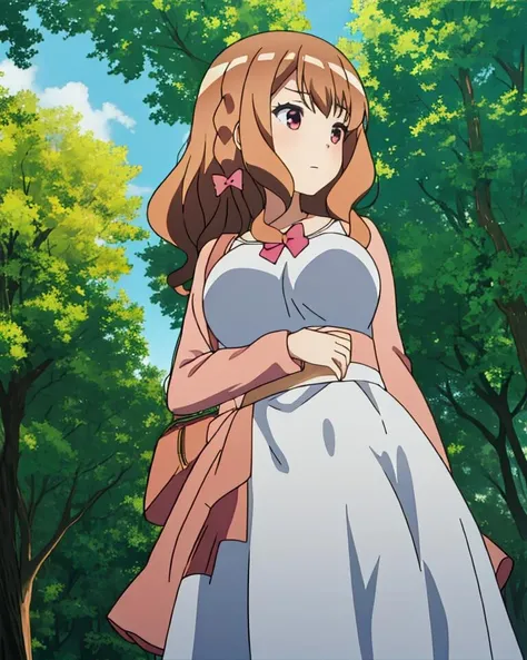 masterpiece,best quality,1girl,solo,nice hand,good hand,
<lora:Miyako_Shirakawa_v2:1>, Miyako_Shirakawa, peach hair,
from below,outdoors,part,trees,