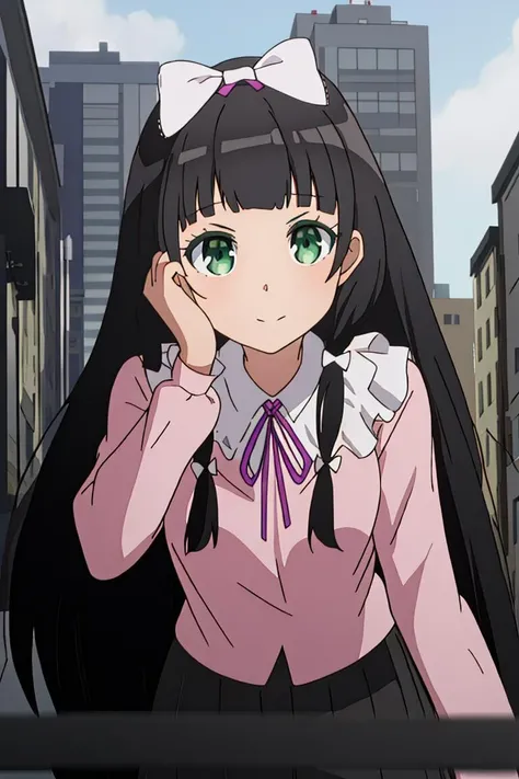 extremely detailed 8K wallpaper,
masterpiece,best quality,1girl,solo,nice hand,good hand,
<lora:Kaiko_Mikuniyama_v1:1>, Kaiko,head bow,big eyes,green eyes,looking at viewer,leaning forward,skirt, hand wave,city,