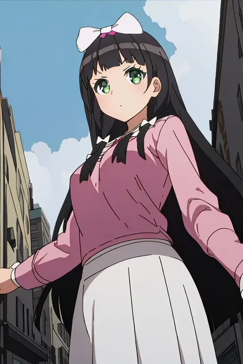 whole body,anime girl,BROWN SKIN,long black hair,with fringe covering the left eye,green eyes,Blue jacket,with white shirt,Black pants,blue shoes
