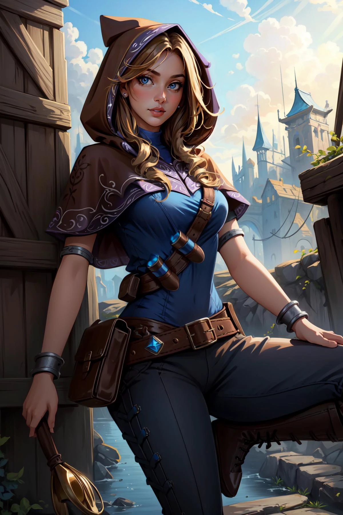 (masterpiece, best quality), intricate details,
1girl, <lora:spellthieflux-nvwls-v1-final:0.8> spellthieflux, hood, capelet, blue shirt, belt, bracelet, glowing, brown pants, boots,