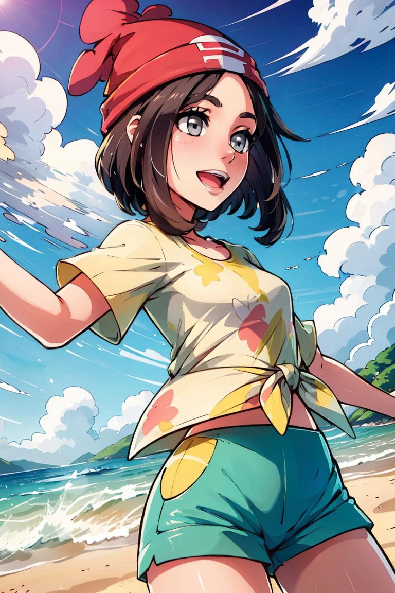 ((masterpiece, best quality)), <lora:Selene:0.8>, selene \(pokemon\), yellow shirt, floral print, green shorts, beach, :d, tied shirt, grey eyes, beanie, red headwear