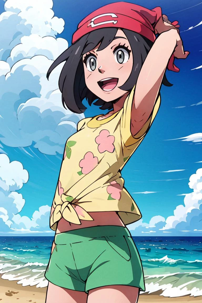 <lora:Alola_Style:0.5>,((masterpiece, best quality)), <lora:Selene:0.8>, selene \(pokemon\), yellow shirt, floral print, green shorts, beach, :d, tied shirt, grey eyes, beanie, red headwear