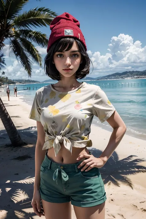 selene,girl, black eyes, short black hair, green shorts, red beanie,yellow floral shirt, tied shirt, midriff, looking at viewer, serious, 
standing, hands on hips, outside, beach house, palm trees, blue sky, 
extreme detail, hdr, realistic detail, analog,
 <lora:more_details:.5> <lora:Selene:.7>