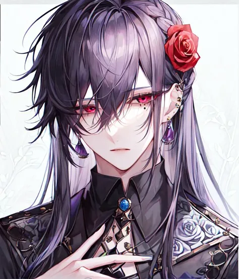 1boy, bangs, black flower, black rose, ear piercing, earrings, floral print, flower, hair between eyes, hair flower, hair ornament, jewelry, long hair, looking at viewer, male focus, mole, mole under eye, piercing, pink rose, purple rose, red eyes, red flower, red rose, rose, single earring, solo, spot color, thorns, white flower, white rose, <lora:Standard_Ikemen_style:0.75>