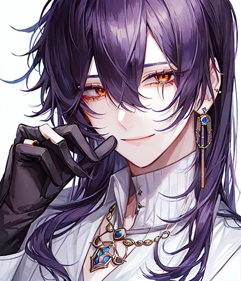 1boy, bangs, purple hair, orange eyes, earrings, eyebrows visible through hair, gloves, jewelry, looking at viewer, male focus, necklace, simple background, smile, solo, upper body, white gloves, hair between eyes, <lora:Standard_Ikemen_style:0.75>