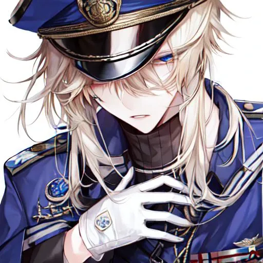 1boy, blonde hair, blue eyes, gloves, half-closed eyes, hat, long sleeves, looking at viewer, male focus, military, military hat, military uniform, peaked cap, simple background, solo, uniform, upper body, white background, white gloves,   <lora:Standard_Ikemen_style:1>