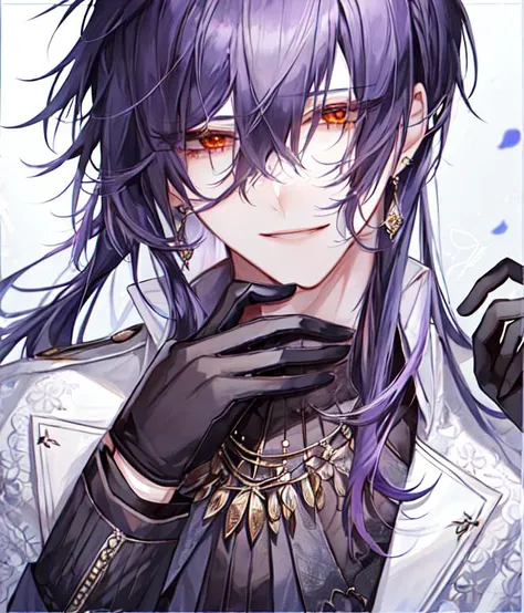 1boy, bangs, purple hair, orange eyes, earrings, eyebrows visible through hair, gloves, jewelry, looking at viewer, male focus, necklace, simple background, smile, solo, upper body, white gloves, hair between eyes, <lora:Standard_Ikemen_style:0.75>