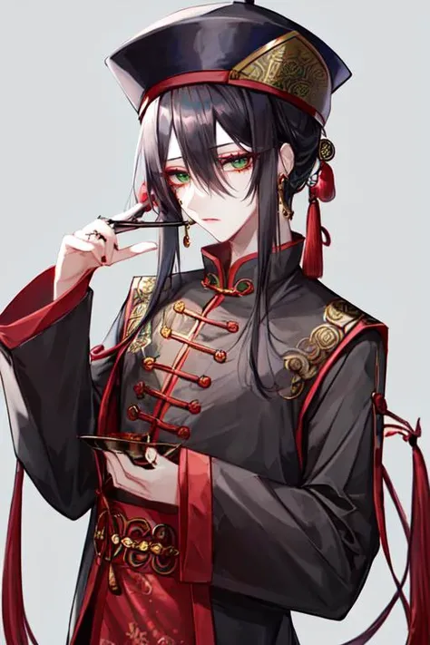 1boy, black hair, jiangshi, jiangshi costume, chinese clothes, green eyes, grey background, hat, jewelry, long sleeves, makeup, male focus, simple background, solo, upper body, <lora:Standard_Ikemen_style:0.6>