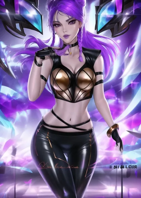 high quality, photorealistic, realistic, 8k, highres, fine light, studio lighting, standing, portrait of a girl, sexy pose, purpel hair, black legging, tight pants, purple hair, bare shoulders, crop top, medium breasts, black gloves, beautiful face, beautiful eyes, kai'sa kda, <lora:Kai'sa_kda:1>
