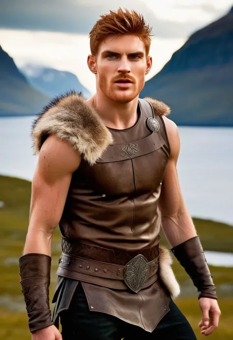 Ultra-detail, (highres:1.1), best quality, (masterpiece:1.3), Gwilym Lee a man <lora:ken-bek_Gwilym-Lee:1>, a Viking warrior prince wearing fur and leather armor rags rising above a battlefield, scales, handsome 23yo Norway male model, dynamic posture posing, full-body from above, dramatic angle. hairy body, skinny muscled, perfect biceps, great pecs, thin waist, perfect jawline, strong and powerful, sporty, great detail, satisfaction,