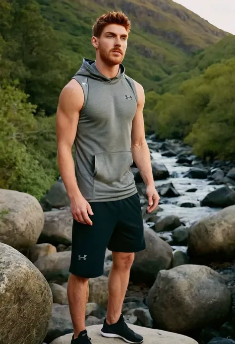 photo of Gwilym Lee a man <lora:ken-bek_Gwilym-Lee:1>, wearing a sleeveless well-fitted under armour hoodie and compression shorts, standing on a boulder, outdoor trail, 35mm photograph, film, bokeh, professional, 4k, highly detailed, creek in the background, natural lighting, golden hour