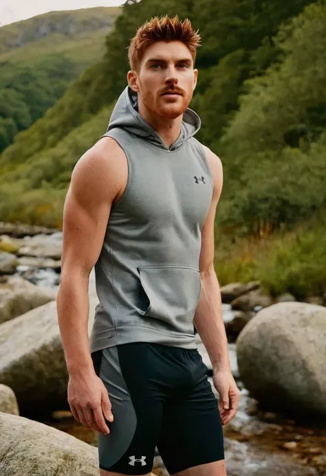 photo of Gwilym Lee a man <lora:ken-bek_Gwilym-Lee:1>, wearing a sleeveless well-fitted under armour hoodie and compression shorts, standing on a boulder, outdoor trail, 35mm photograph, film, bokeh, professional, 4k, highly detailed, creek in the background, natural lighting, golden hour