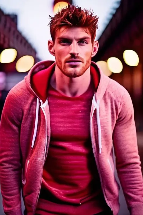 Gwilym Lee a man <lora:ken-bek_Gwilym-Lee:1>, realistic photo in a worn ((skin-revealing skimpy erotic red tracksuit, massive hairy pecs)), big pecs, big arms, bulge, VPL, ((light bokeh)), intricate, (steel metal [rust]), elegant, erotic, exuding sexual energy, homoerotic, sharp focus, photo by greg rutkowski, soft lighting, vibrant colors, (masterpiece), ((streets)), (detailed face), looking at viewer, light smile, night, walking towards viewer, cinematic lighting, beautiful lighting, cinematic lighting, (hazy filter, film grain:1.2)