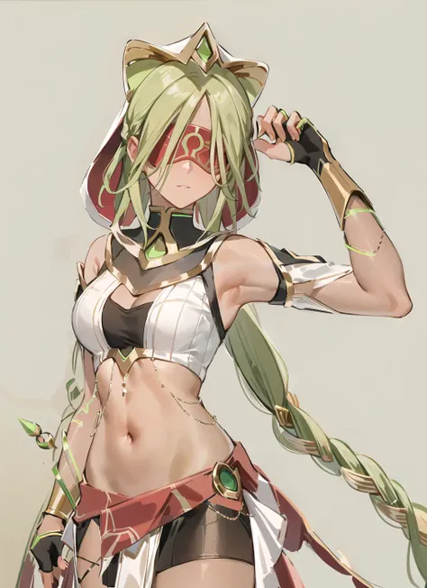 ((masterpiece,best quality)), 4k, highres, 1girl, solo, red blindfold, twin braids, headdress, armlet, fingerless gloves, simple background, <lora:ringdancerRE:0.9>