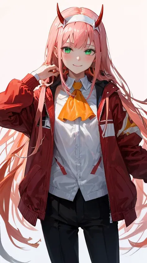 zero two \(darling in the franxx\), darling in the franxx, 1girl, ascot, bangs, blue background, green eyes, hairband, horns, long hair, long sleeves, looking at viewer, red jacket, closed jacket, military uniform, oni horns, orange ascot, pink hair, red horns, simple background, smile, solo, standing, uniform, white hairband, ((masterpiece)), <lora:zero_two_offset:1>, masterpiece, best quality,