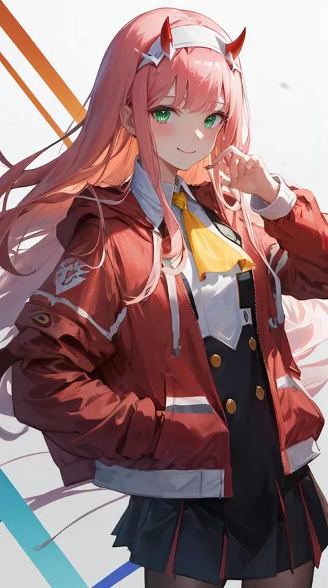 zero two \(darling in the franxx\), darling in the franxx, 1girl, ascot, bangs, blue background, green eyes, hairband, horns, long hair, long sleeves, looking at viewer, red jacket, closed jacket, military uniform, oni horns, orange ascot, pink hair, red horns, simple background, smile, solo, standing, uniform, white hairband, ((masterpiece)), <lora:zero_two_offset:1>, masterpiece, best quality,