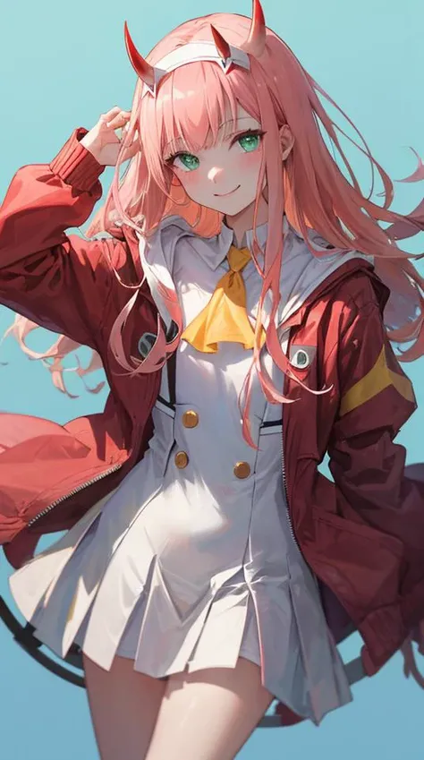 zero two \(darling in the franxx\), darling in the franxx, 1girl, ascot, bangs, blue background, green eyes, hairband, horns, long hair, long sleeves, looking at viewer, red jacket, closed jacket, military uniform, oni horns, orange ascot, pink hair, red horns, simple background, smile, solo, standing, uniform, white hairband, ((masterpiece)), <lora:zero_two_offset:1>, masterpiece, best quality,