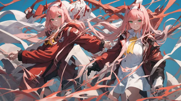 zero two \(darling in the franxx\), darling in the franxx, 1girl, ascot, bangs, blue background, green eyes, hairband, horns, long hair, long sleeves, looking at viewer, red jacket, closed jacket, military uniform, oni horns, orange ascot, pink hair, red horns, simple background, smile, solo, standing, uniform, white hairband, ((masterpiece)), <lora:zero_two_offset:1>, masterpiece, best quality,