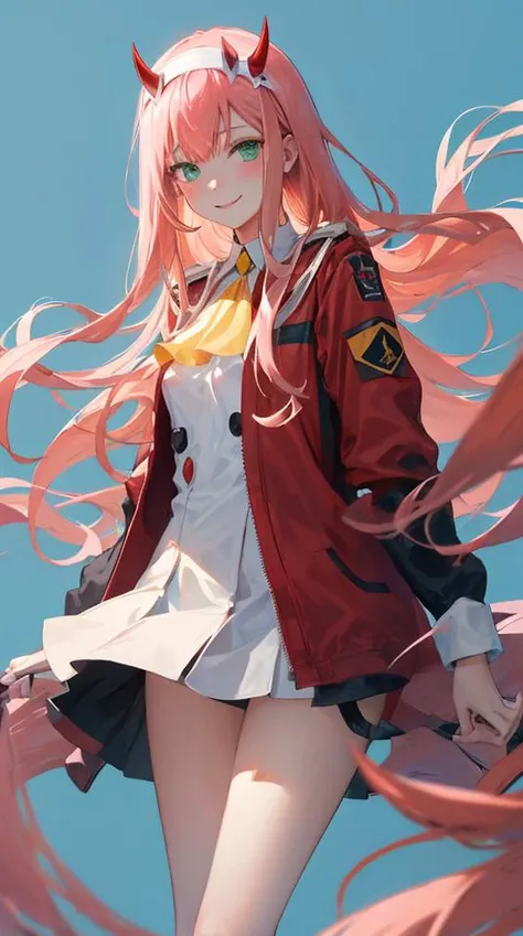 zero two \(darling in the franxx\), darling in the franxx, 1girl, ascot, bangs, blue background, green eyes, hairband, horns, long hair, long sleeves, looking at viewer, red jacket, closed jacket, military uniform, oni horns, orange ascot, pink hair, red horns, simple background, smile, solo, standing, uniform, white hairband, ((masterpiece)), <lora:zero_two_offset:1>, masterpiece, best quality,