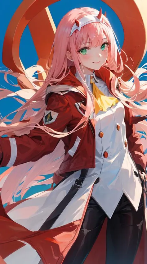 zero two \(darling in the franxx\), darling in the franxx, 1girl, ascot, bangs, blue background, green eyes, hairband, horns, long hair, long sleeves, looking at viewer, red jacket, closed jacket, military uniform, oni horns, orange ascot, pink hair, red horns, simple background, smile, solo, standing, uniform, white hairband, ((masterpiece)), <lora:zero_two_offset:1>, masterpiece, best quality,